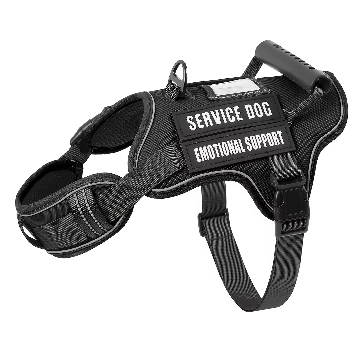 Black tactical dog harness with top handle and hook-and-loop patch panels